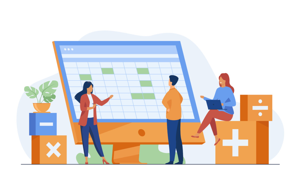 Colleagues Discussing Accounting Statistics Report Using Softwar