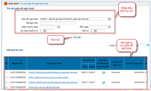 Hướng dẫn đăng ký hoàn thuế điện tử trên trang eTax của Tổng cục thuế 6 Tra cứu giấy đề nghị hoàn thuế.